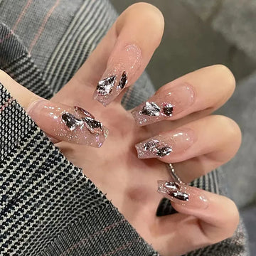 24pcs Gradient Nude Color Fake Nails Medium Coffin False Nails Ballet Heart Pink Diamond Press on Nails Cute Sweet Bowknot Nail