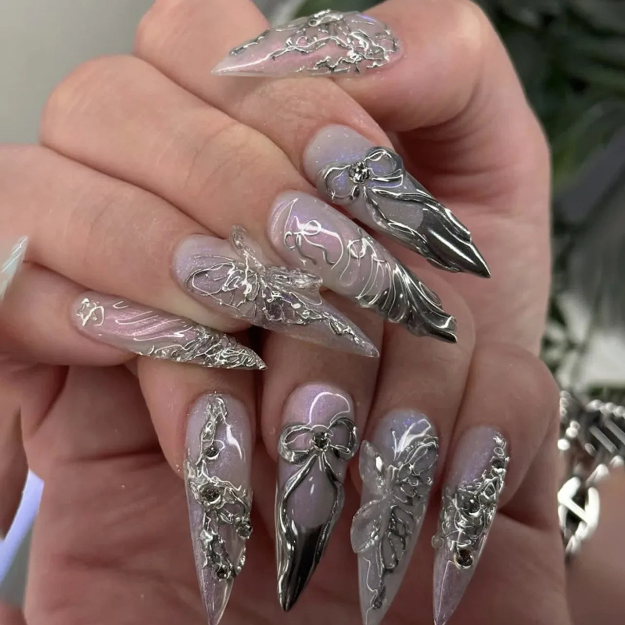 24Pcs Y2K Almond Press on Nails 3D Pink Flowers Stick on Nails Polka Dot Nail Sweet Cool Leopard Print False Nails Metal Nail