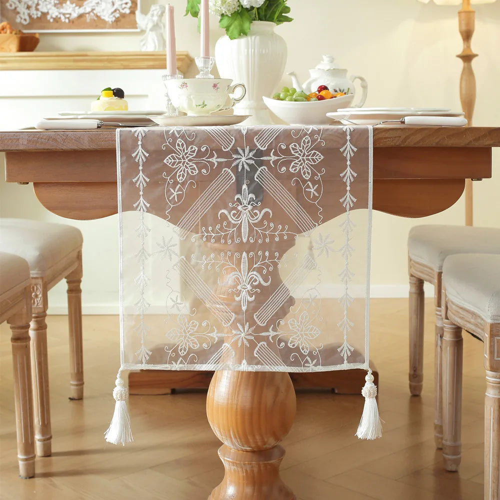 Modern Minimalist White Light and Thin Table Runner Lace Embroidery Floral Geometric Fringe Wedding Decor Tablecloth Decoration