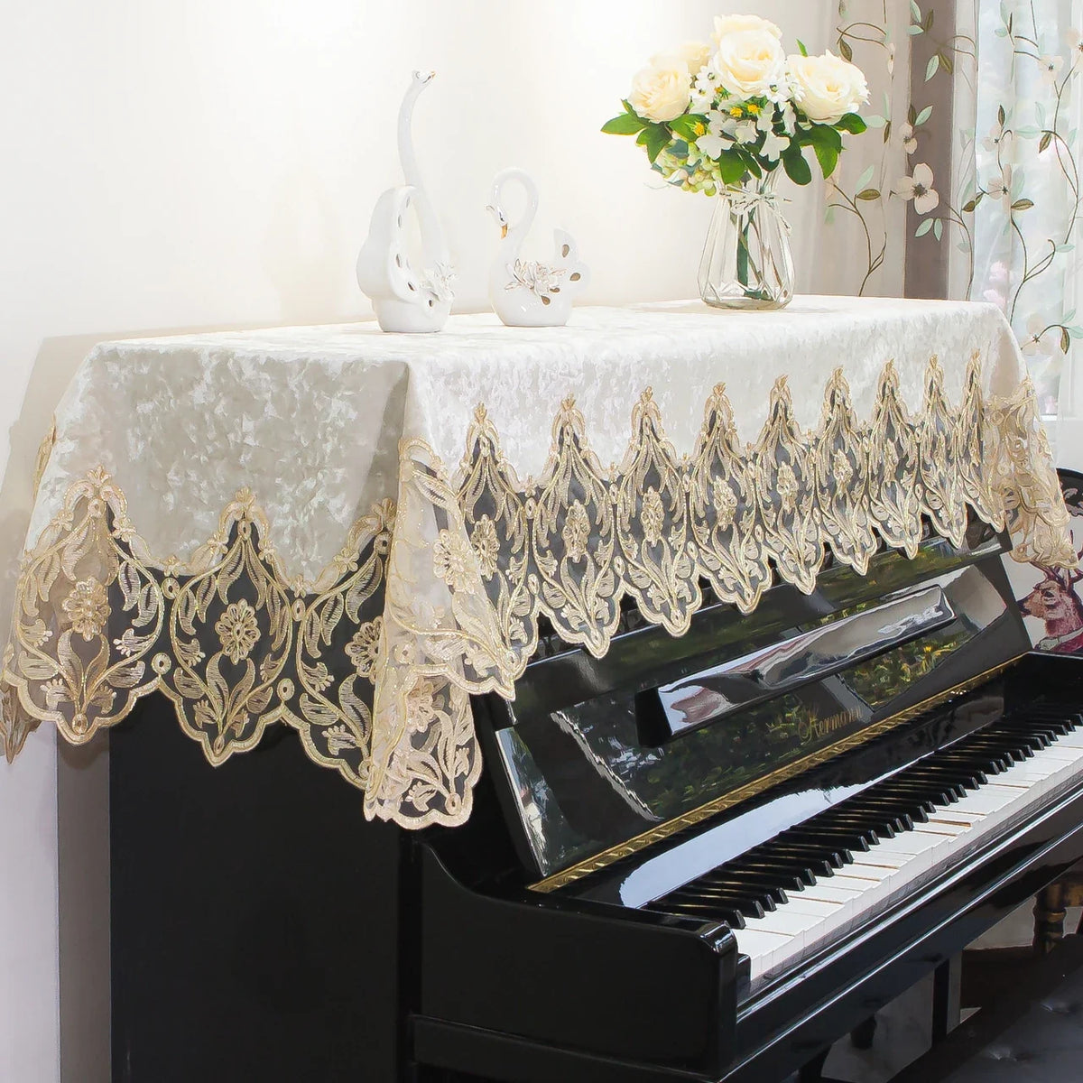 Japanese Sle Semi-Cover Piano Dust Cover Cloth Bench Cover Lightweight Luxury Lace Piano Lid Curtain Home Fabric Protection
