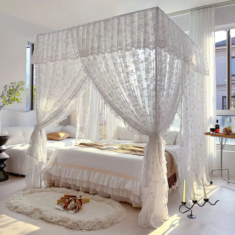 Light Luxury Jacquard White Romantic Lace Mosquito Net Three Door Bed Curtain Encrypted Bed Curtain No Bracket