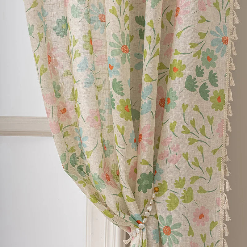 New Semi-Sheer Blackout Curtains, Slub Linen Look Floral Print Rod Pocket Drapes for Living Room Bedroom, 1/2 Panels Ready Made