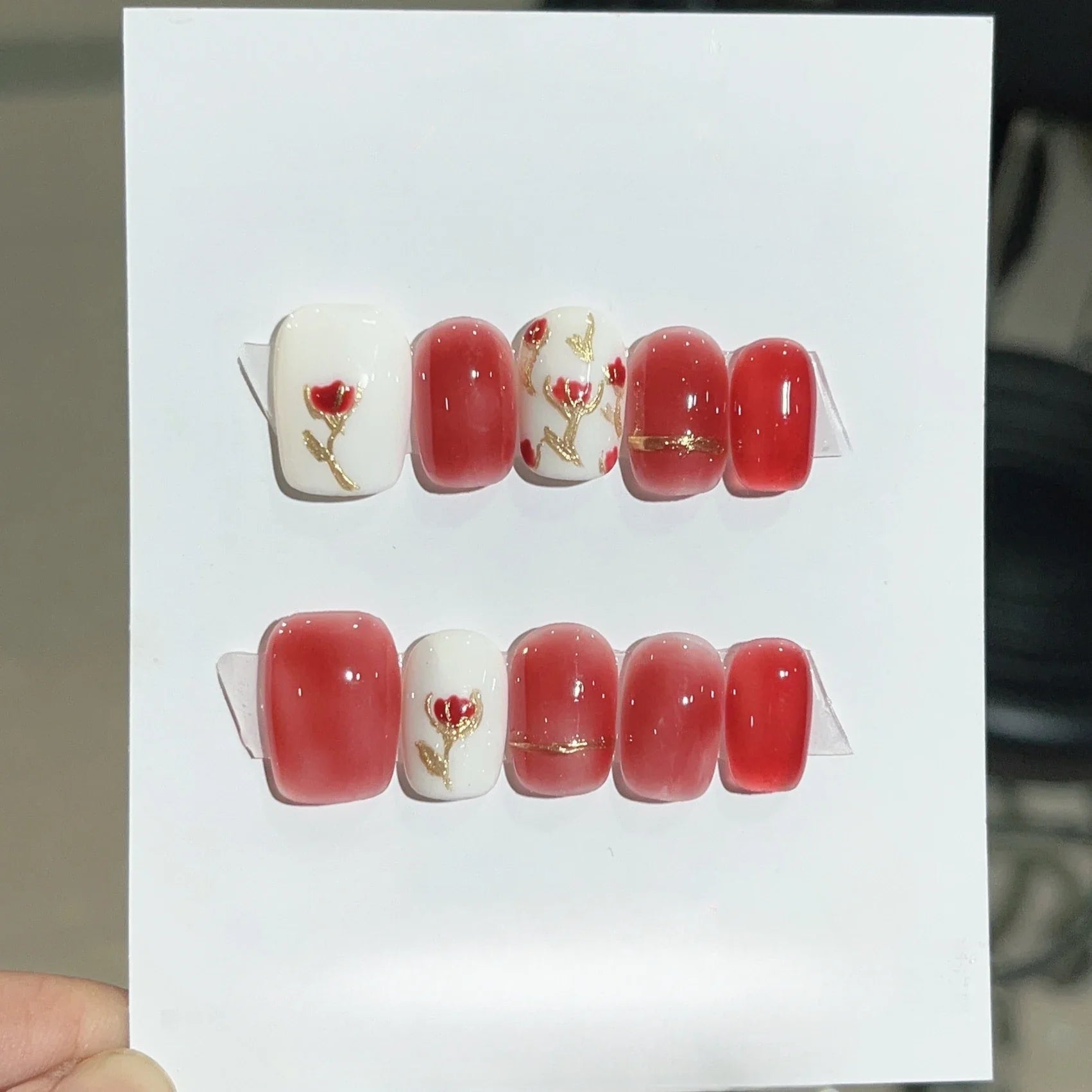 Wholesale Nail Art Crystal Cat Eye Acrylic Press on Nails Short Square Red Handmade Fake Nails Gradient Shiny Pearl False Nails