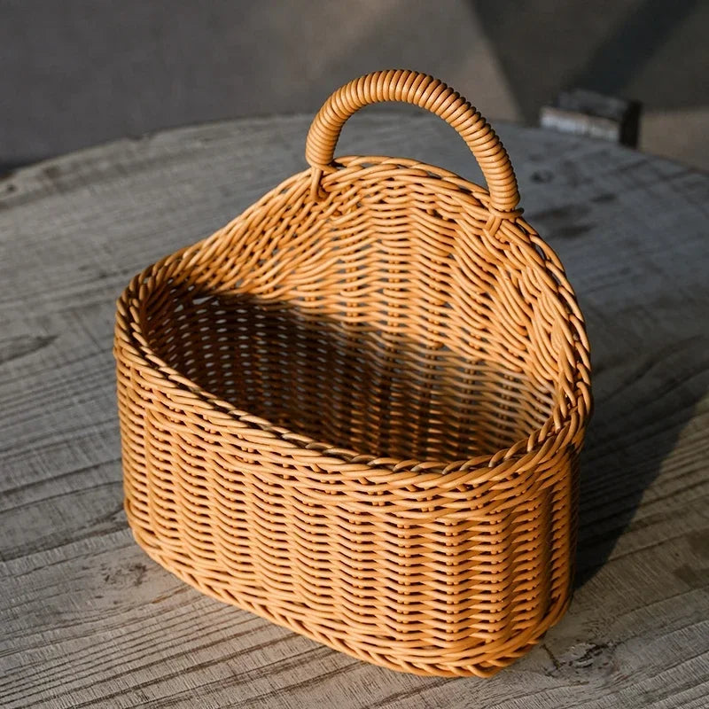 Kitchen Storage Basket,Home DecorImitation Rattan Hand-woven Hanging Baskets,Sundries Organizer Living Room Wall Hanging Basket