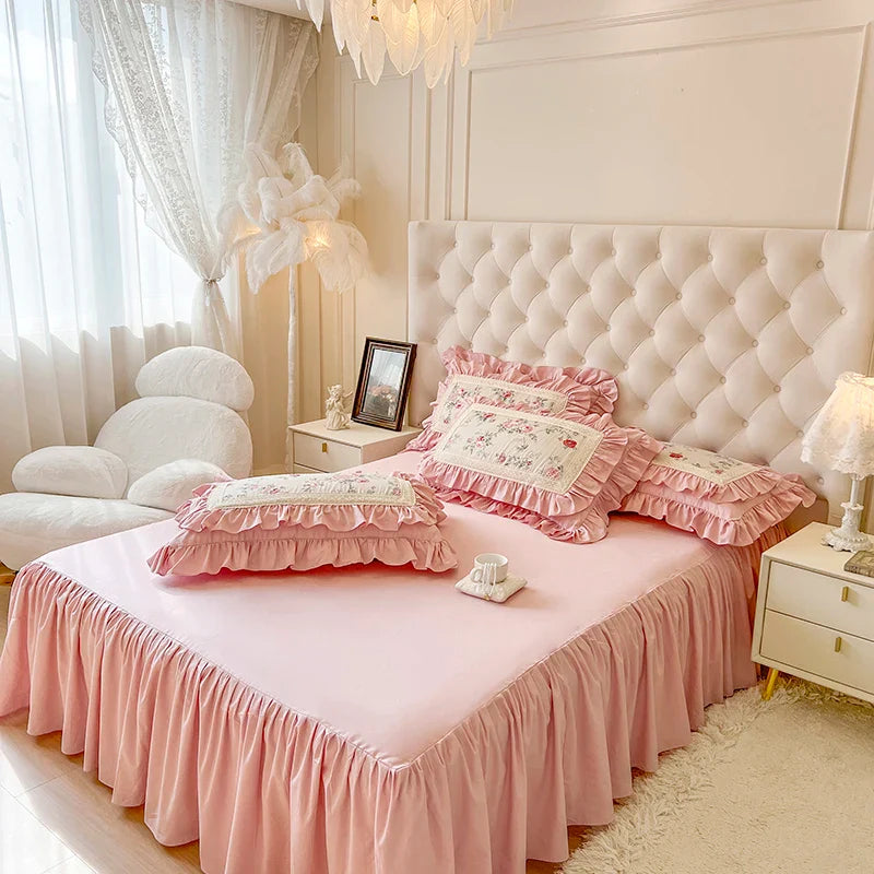 Egyptian Cotton Flowers Printng Bedding Set Luxury Pink Princess Lace Quilt Pillowcases Home Textile