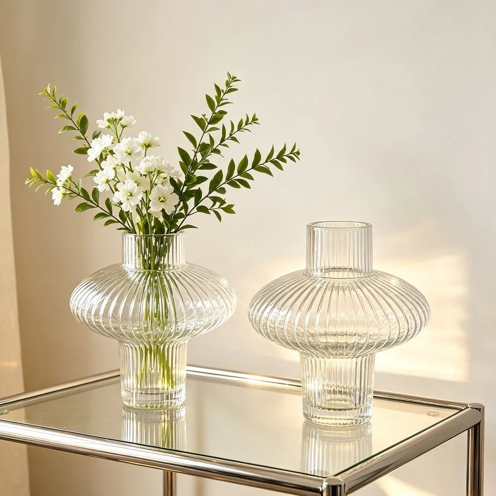 Vertical Ribbed Clear Glass Vase Mushroom Shaped Hydroponic Flower Container Modern Desktop Ornament for Living Room Home Decor