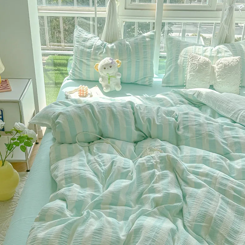 Japanese Ins Stripe Bedding Set Simple Two-Tone Contrast Sheet Kit with Quilt Cover Comfort Bed Decoration for Student Dorm