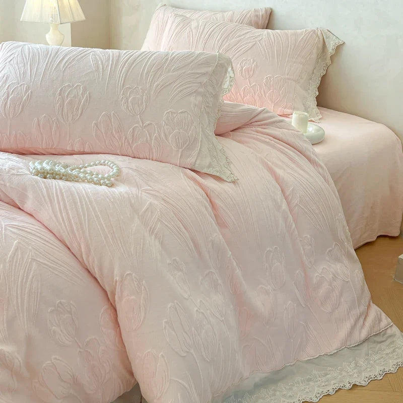Tulip Flowers Lace Ruffles Princess Style Bedding Set Velvet Warm Winter Duvet Cover Flat/Fitted Bed Sheet Pillowcases 4Pcs