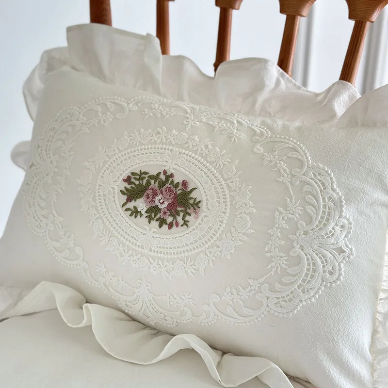 French Lace Embroidered Throw Pillow Cover with Vintage Ruffles - Ins Style Decorative Cushion for Sofa,Bedroom, Home Decor