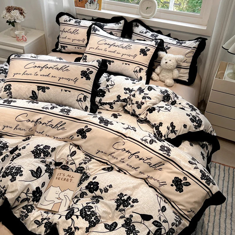 Hepburn Style Floral Print Bedding Sets Elegant Lace Super Soft Cozy Flat Sheet Set Home Dorm Textile Supplies for All Seasons