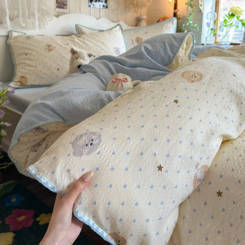 Class-A Pure Cotton Shell Edge Bedding Sets Ins Printing Bedclothes for Four Seasons Soft Skin-Friendly Home Textile for Adults