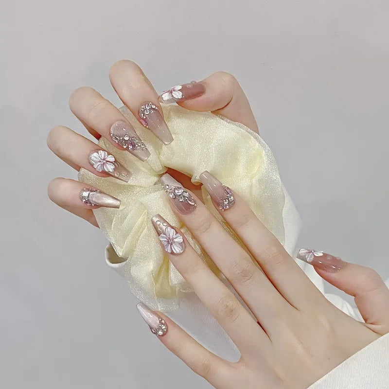 10Pcs Sweet Cute Handmade Press on Nails Flower Butterfly Fake Nails Glossy Diamond False Nails Full Cover Acrylic Nail Tips Art