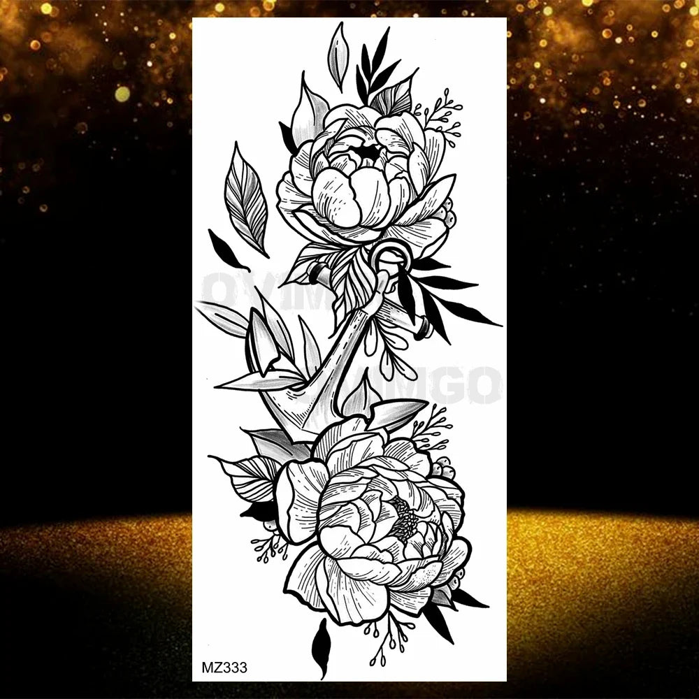 Realistic Black Rose Flower Temporary Tattoos Fake Waterproof Tatoo Body Art Arm Leg Floral Peony Bloosom Tattoo Stickers Makeup