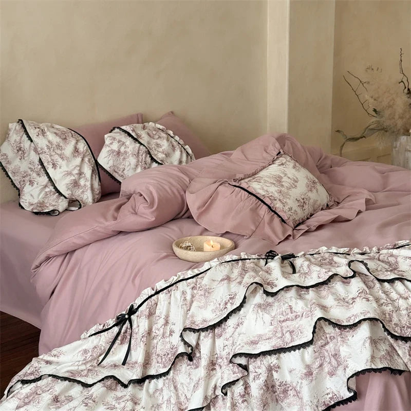 Three-layer Ruffles Bow Princess Bedding Set 1000TC Egyptian Cotton Brushed Duvet Cover Bed Sheet Pillowcases 4Pcs