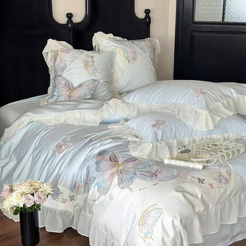 Vintage French Lace Ruffles Butterfly Embroidery Bedding Set 100S Egyptian Cotton Duvet Coves Bed Sheet Pillowcases