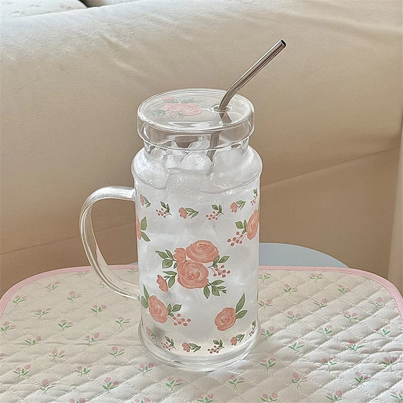 French Style Glass Suction Tube Cup Elegant Pink Rose Large Capacity Juice Drink Cup Girl Outdoor Office Cold Summer Drinks Cup