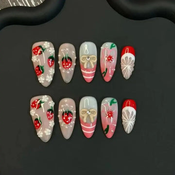 10pcs Sweet Summer Almond False Nail Cute 3D Fruit Strawberry Stick on Nails Mini Flower Fake Nails French Pearls Press on Nails