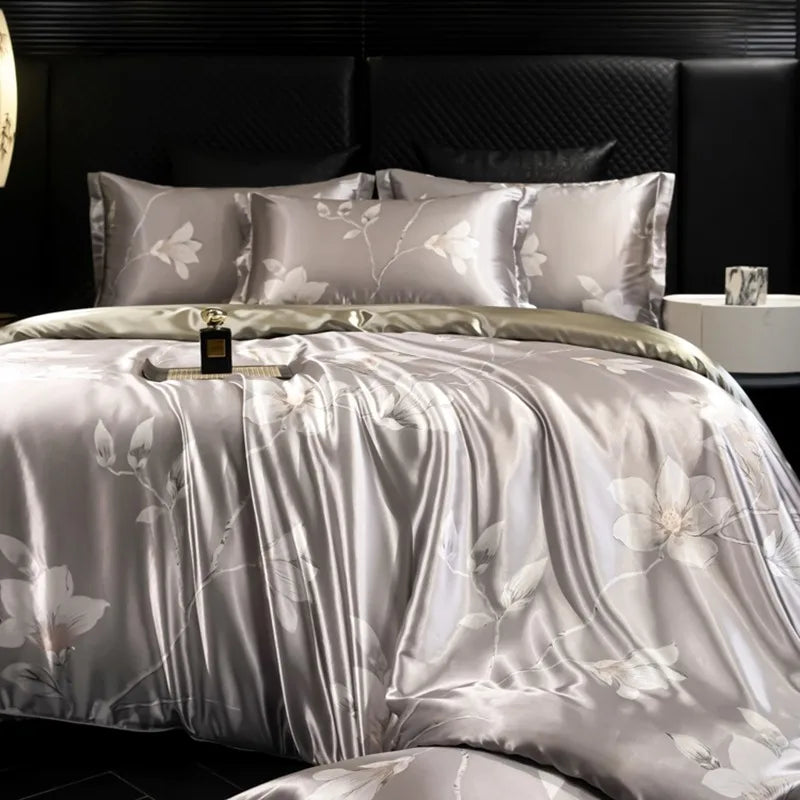 4pcs printed luxury high-end silk bedding set soft satin single double duvet cover pillowcase flat sheet or fitted sheet set