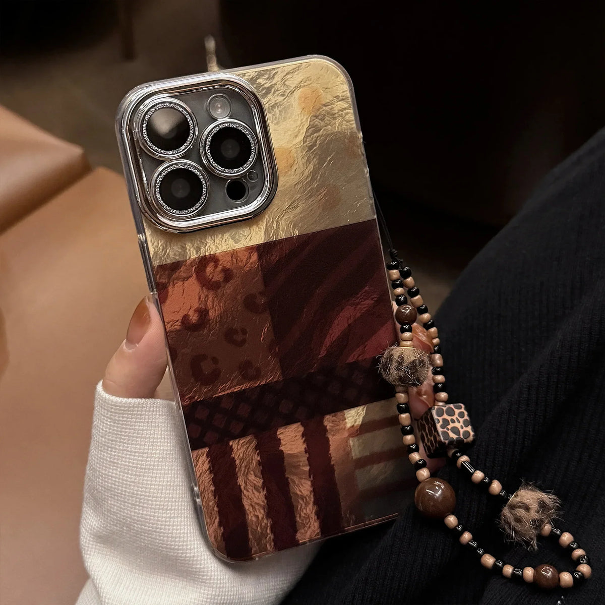 Ins Splicing Phone Case For iPhone 16e 15 14 13 12 11 Pro Max XR X XS 7 8 Plus Bracelet Chain Glitter Lens Film Shockproof Cover