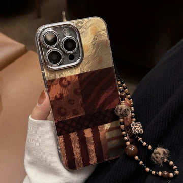 Ins Splicing Phone Case For iPhone 16e 15 14 13 12 11 Pro Max XR X XS 7 8 Plus Bracelet Chain Glitter Lens Film Shockproof Cover