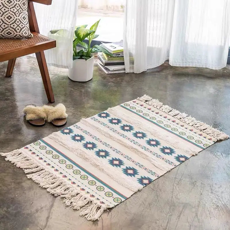 Cotton Linen Retro Rug Tapestry Home Decor Geometric Floor Mats for Bedroom Living Room Hand Woven Bohemian Tufted Tassel Carpet