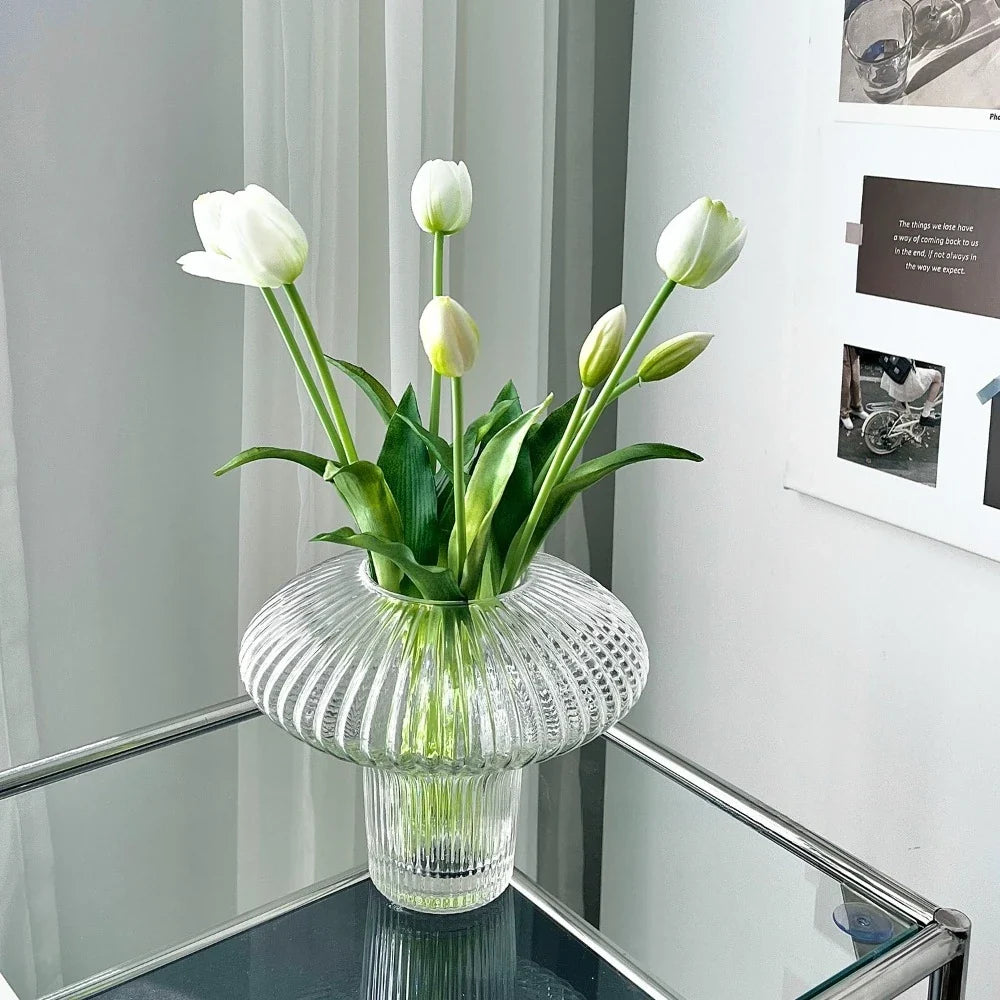 Vertical Ribbed Clear Glass Vase Mushroom Shaped Hydroponic Flower Container Modern Desktop Ornament for Living Room Home Decor
