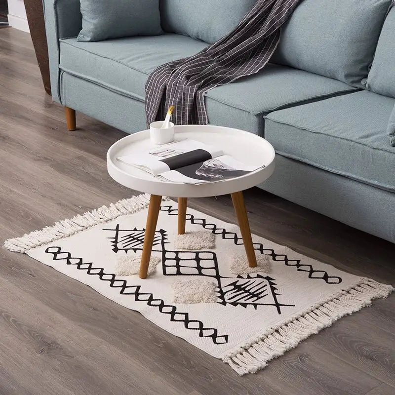 Cotton Linen Retro Rug Tapestry Home Decor Geometric Floor Mats for Bedroom Living Room Hand Woven Bohemian Tufted Tassel Carpet