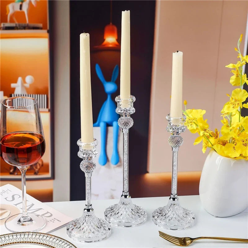 Glass Candle Holder Crystal Diamond Candle Holder 3Pcs Home Candlestick Creative Wedding Decor Crafts Desktop Ornaments Gifts