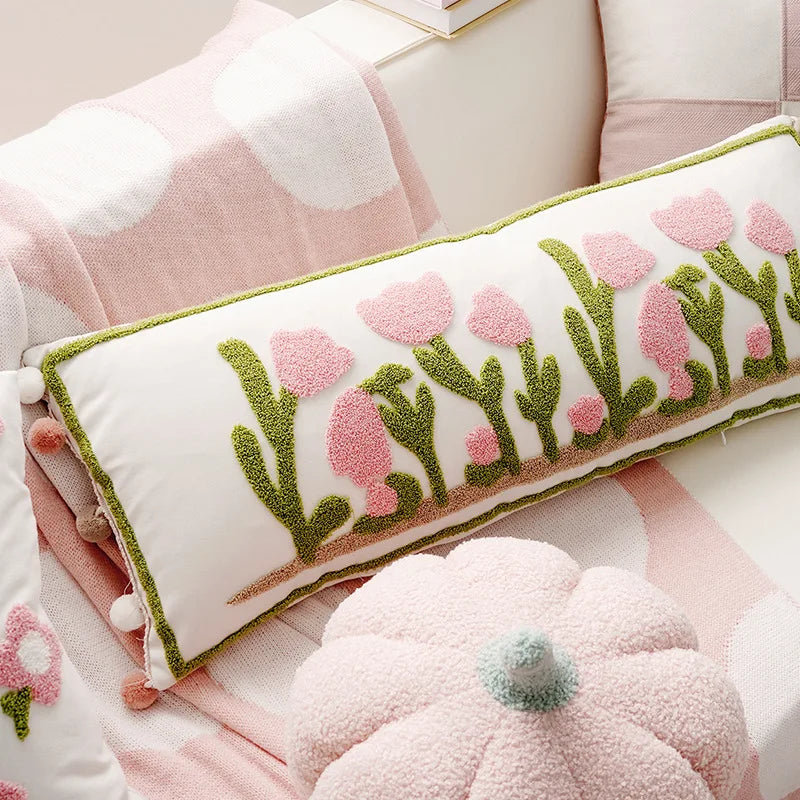 90x35cm Floral Tufted Cushion Cover Soft Plush Throw Pillow Pink Green Home Decor Sofa Bedroom