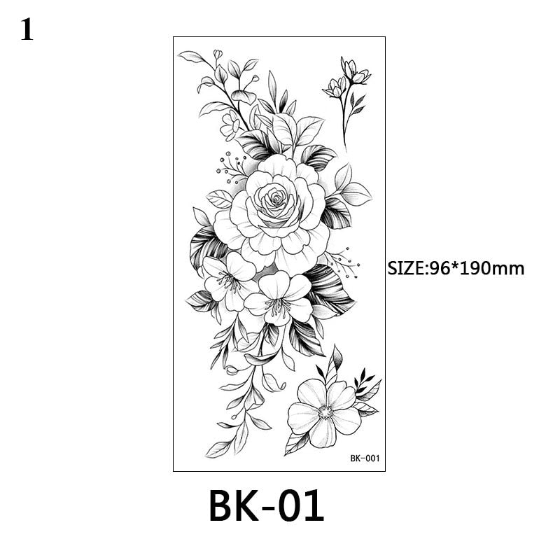 Sexy Black Flower Temporary Tattoos For Women Thigh Men Fake Moon Rose Compass Fake Tatoos Forearm Arm Sleeve Tattoo Stickers