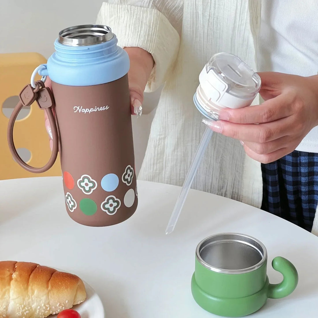 Cute Insulated Stainless Steel Liner Water Bottle, 500ml Drinking Cup & Spout Portable Heat-Resistant Food Grade for Kids