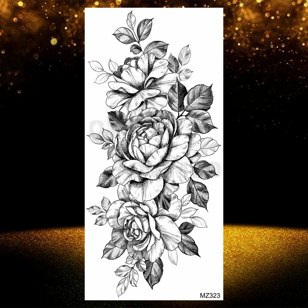 Realistic Black Rose Flower Temporary Tattoos Fake Waterproof Tatoo Body Art Arm Leg Floral Peony Bloosom Tattoo Stickers Makeup