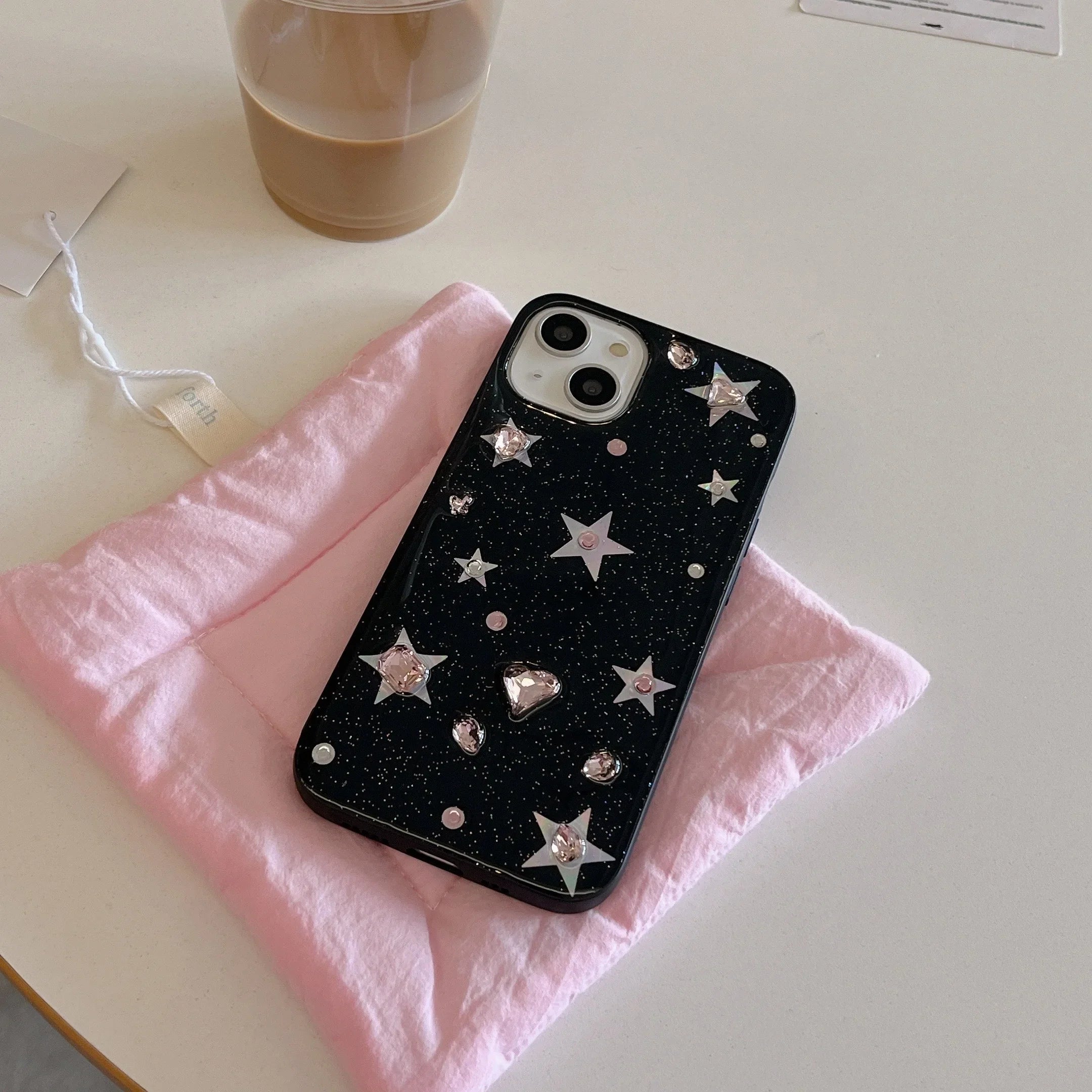 Korean Black Epoxy Glittering Stars Artificial Gems Case for iPhone 16 15 14 13 Pro Max Back Phone Cover for 12 11 Pro Max Capa