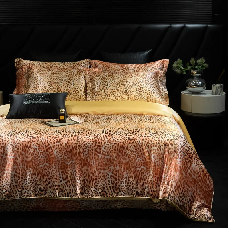 4pcs printed luxury high-end silk bedding set soft satin single double duvet cover pillowcase flat sheet or fitted sheet set