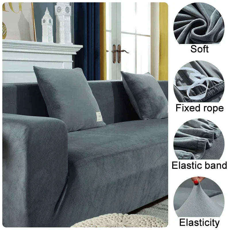 Solid Color Velvet Chenille Non-slip Sofa Cover, Elastic 1/2/3/4 Seater Thickened Full Coverage Slipcover Universal Fit L Shaped