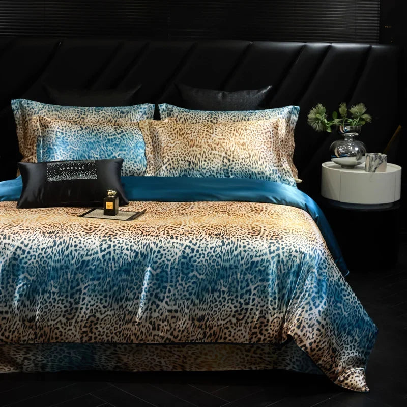 Leopard zebra print luxury high-end silk bedding set soft silk satin king size duvet cover sheet set