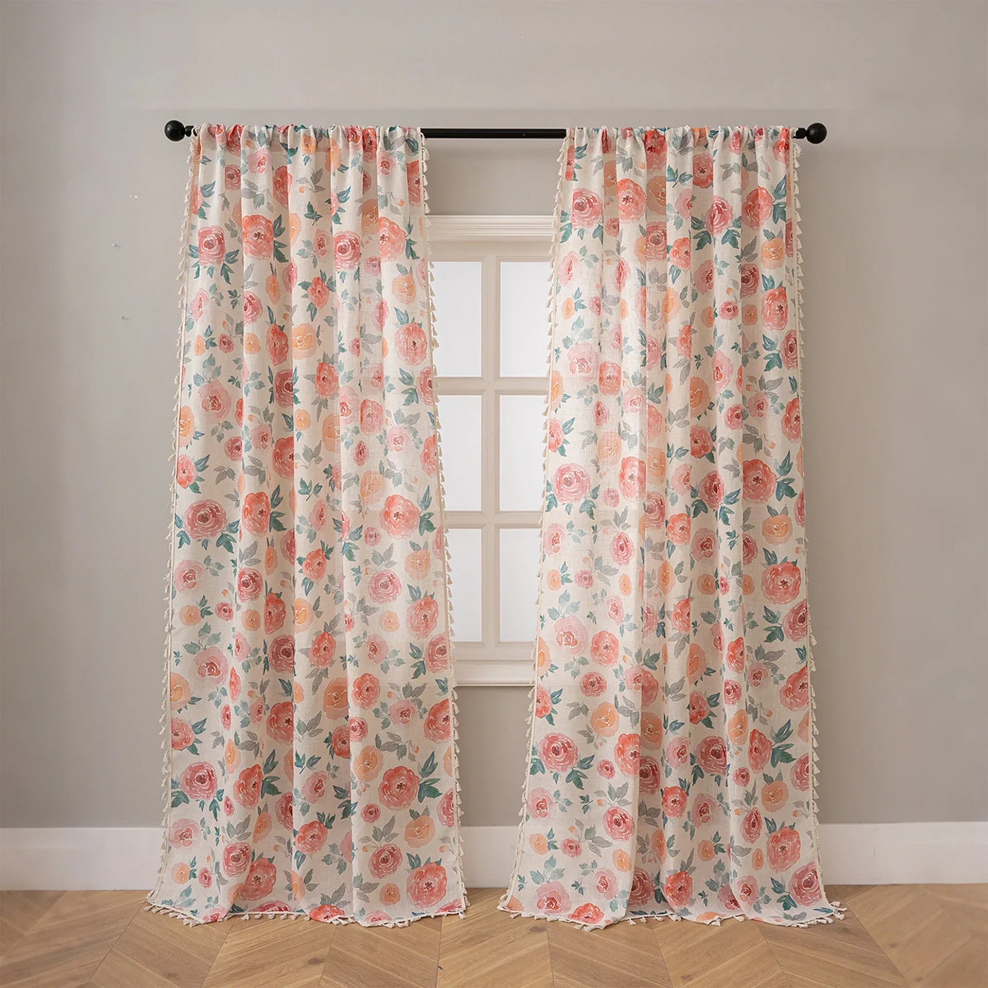 New Semi-Sheer Blackout Curtains, Slub Linen Look Floral Print Rod Pocket Drapes for Living Room Bedroom, 1/2 Panels Ready Made