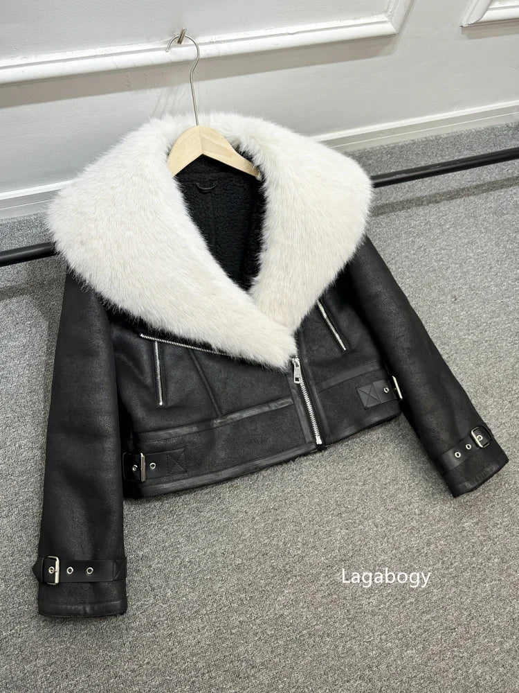 Women Faux Fur Collar Street Style Leather Jacket