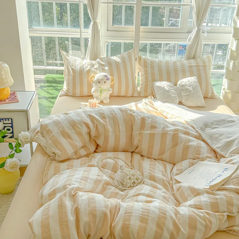 Japanese Ins Stripe Bedding Set Simple Two-Tone Contrast Sheet Kit with Quilt Cover Comfort Bed Decoration for Student Dorm