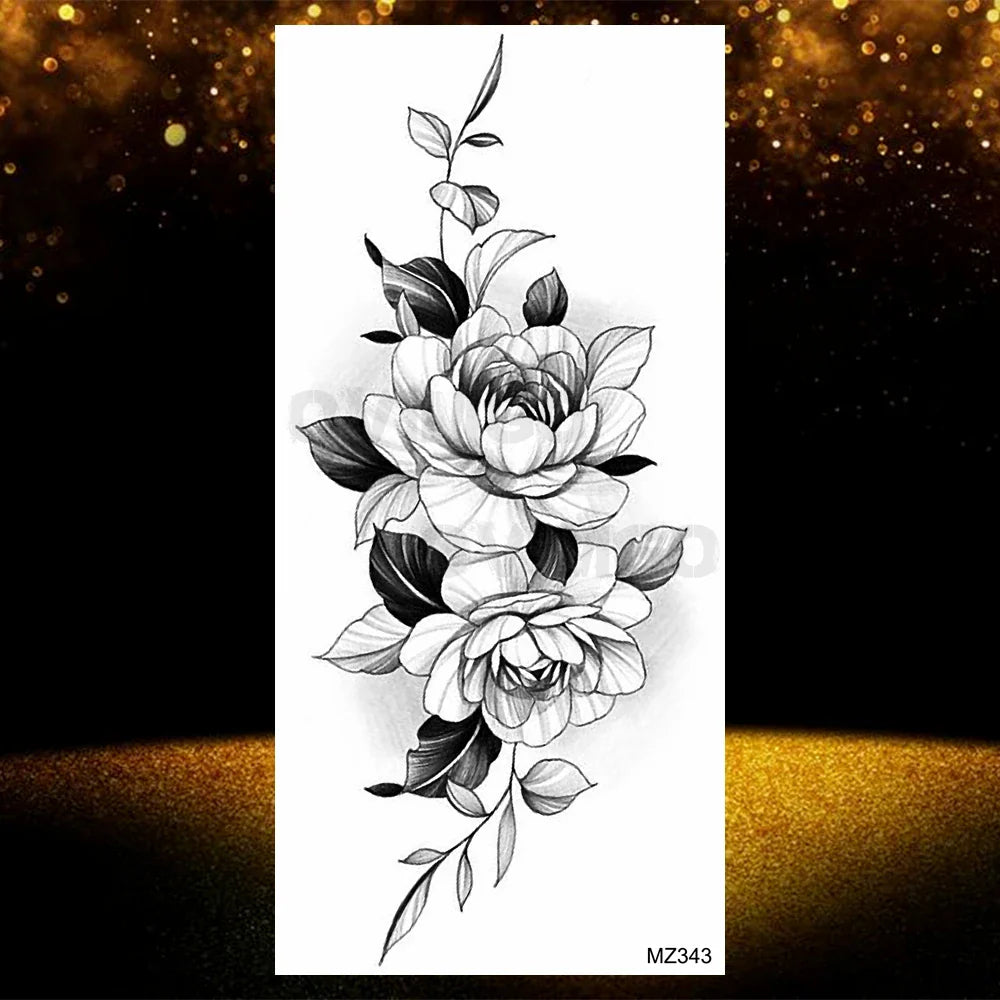 Realistic Black Rose Flower Temporary Tattoos Fake Waterproof Tatoo Body Art Arm Leg Floral Peony Bloosom Tattoo Stickers Makeup