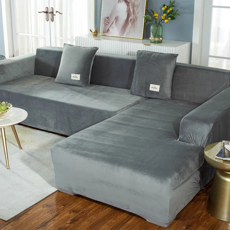 Solid Color Velvet Chenille Non-slip Sofa Cover, Elastic 1/2/3/4 Seater Thickened Full Coverage Slipcover Universal Fit L Shaped