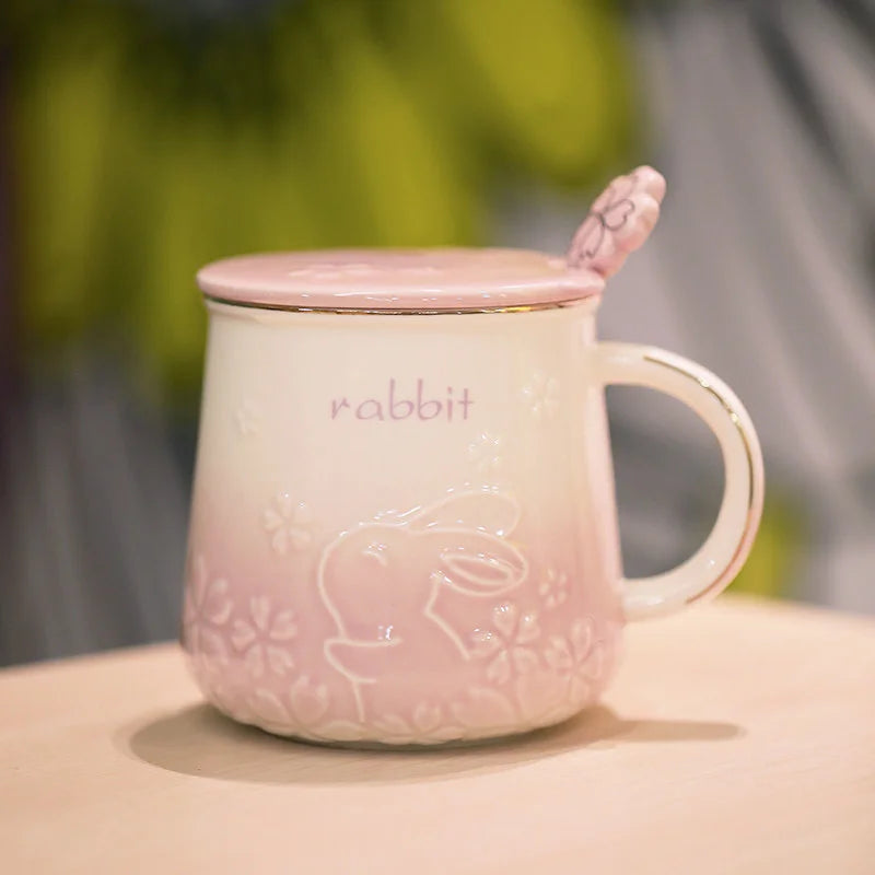 Cute Style High-Temperature Firing Manual Ceramic Mug With Lid And Spoon Set Tableware Underglaze Colour Large Capacity 400ml