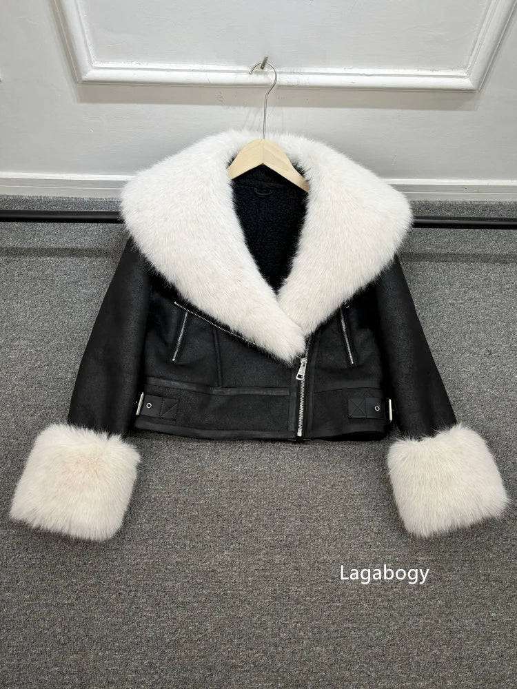 Women Faux Fur Collar Street Style Leather Jacket