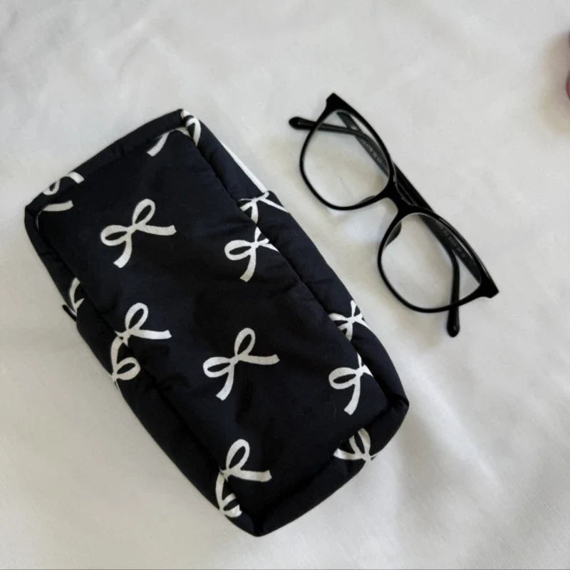 Bow Print Makeup Bag For Women Large Capacity Cosmetic Pouch Multi Use Storage Case Travel Zipper Bag For Glasses Stationery