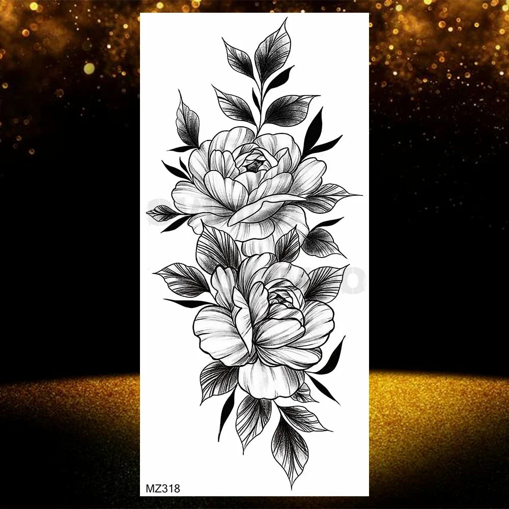 Realistic Black Rose Flower Temporary Tattoos Fake Waterproof Tatoo Body Art Arm Leg Floral Peony Bloosom Tattoo Stickers Makeup