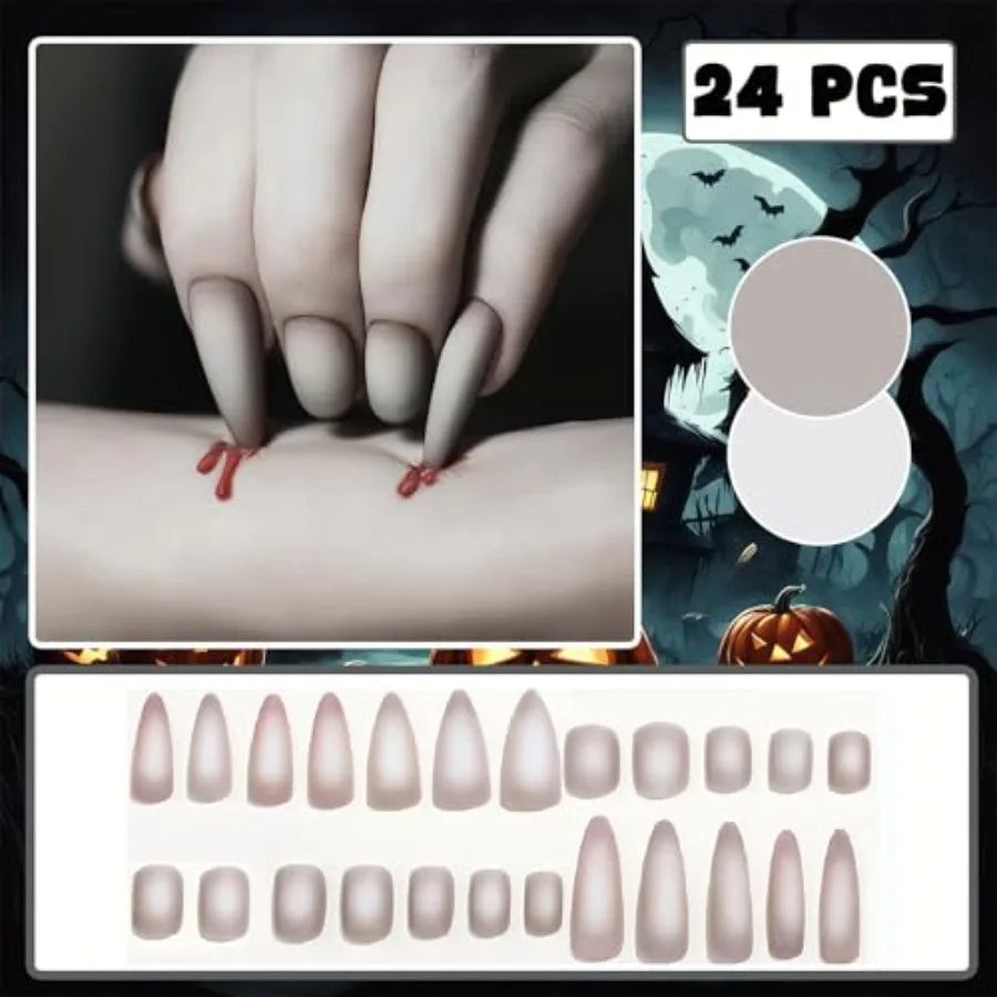 Halloween Press-On Nails Vampire Nails Almond Shape and Round Matte with Fangs Design Horror Halloween Nails for Women Girls Ha