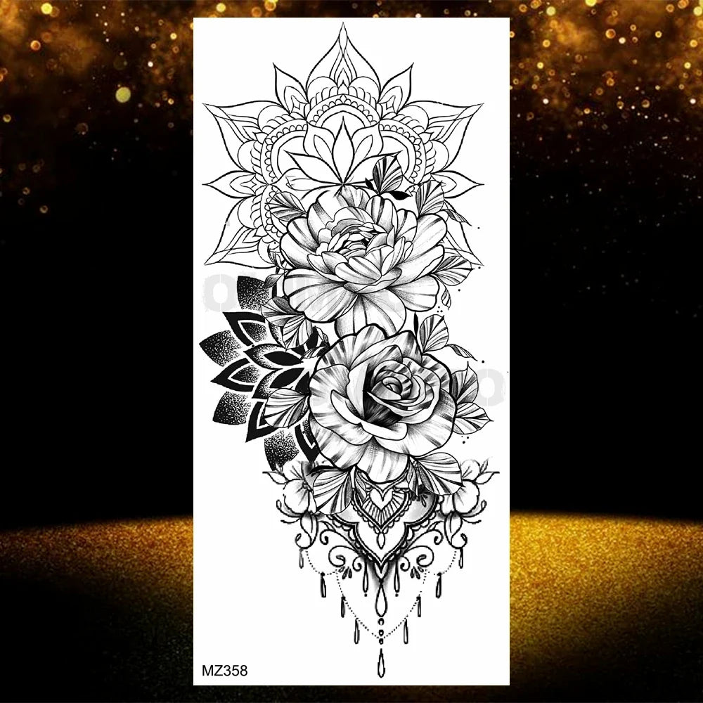 Realistic Black Rose Flower Temporary Tattoos Fake Waterproof Tatoo Body Art Arm Leg Floral Peony Bloosom Tattoo Stickers Makeup