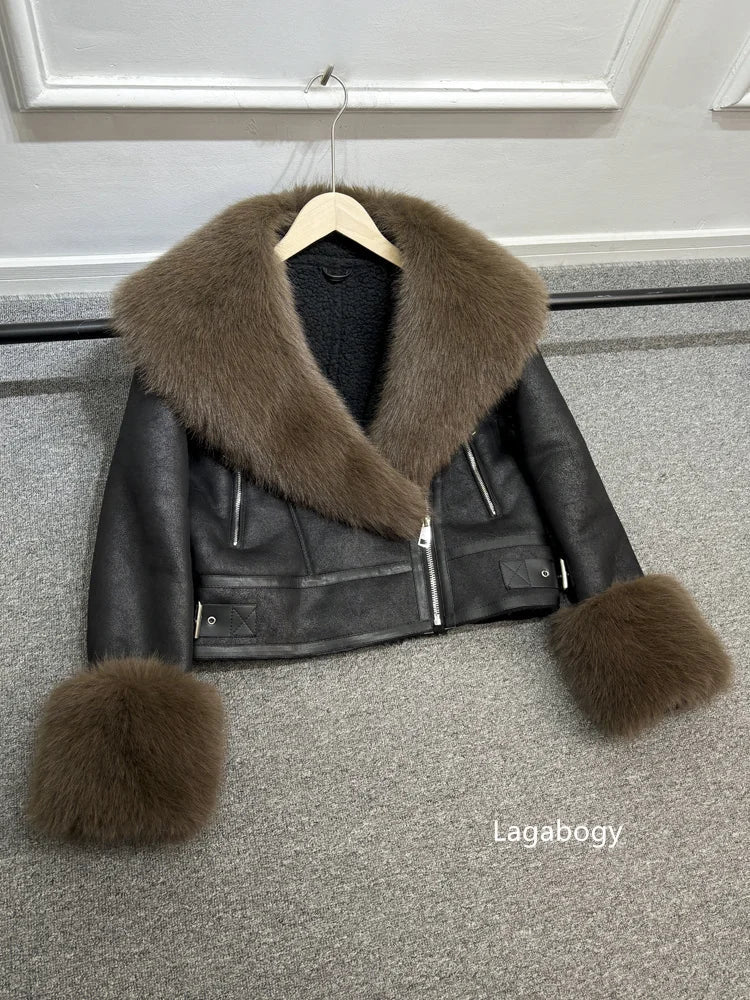 Women Faux Fur Collar Street Style Leather Jacket