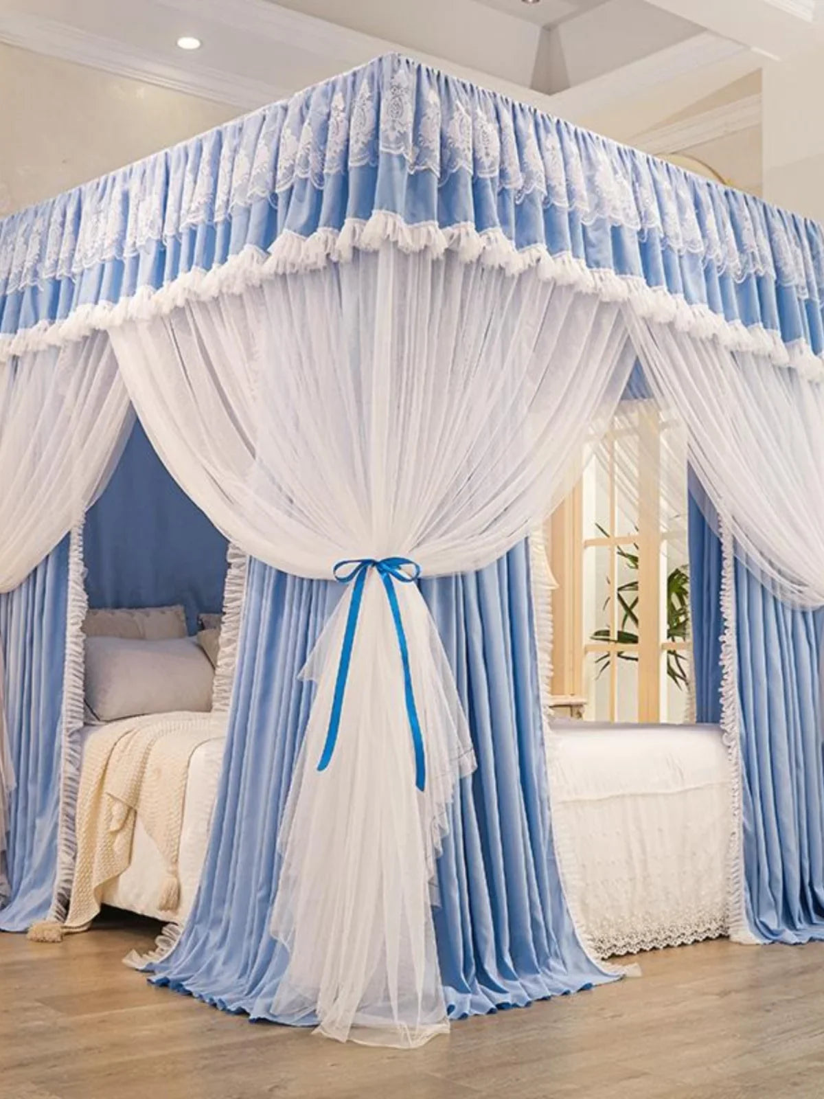 Princ Sle Double Layer Floor Length Court Mosquito Net Inteated Tee Door Opening Dust Proof Bed Curtain Bed Canopy