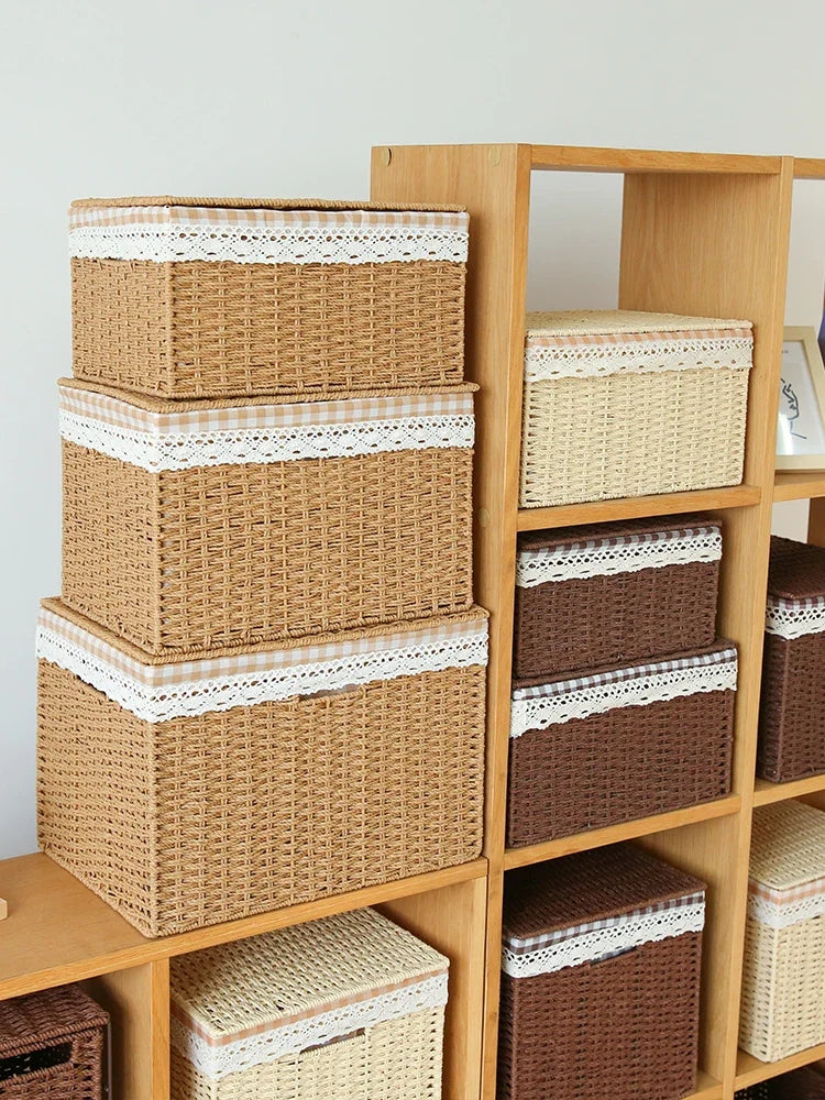 Rattan-Weave Home Storage Box Covered Living Room Miscellaneous Items Storage Basket Japanese Simple Style Paper Material